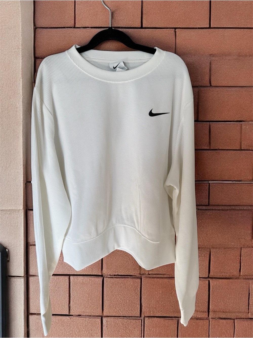 Nike White Crewneck-Knit Sweatshirt with Black Swoosh
